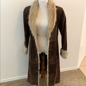 Brown Faux-Suede Long Coat with Faux-Fur Trim
